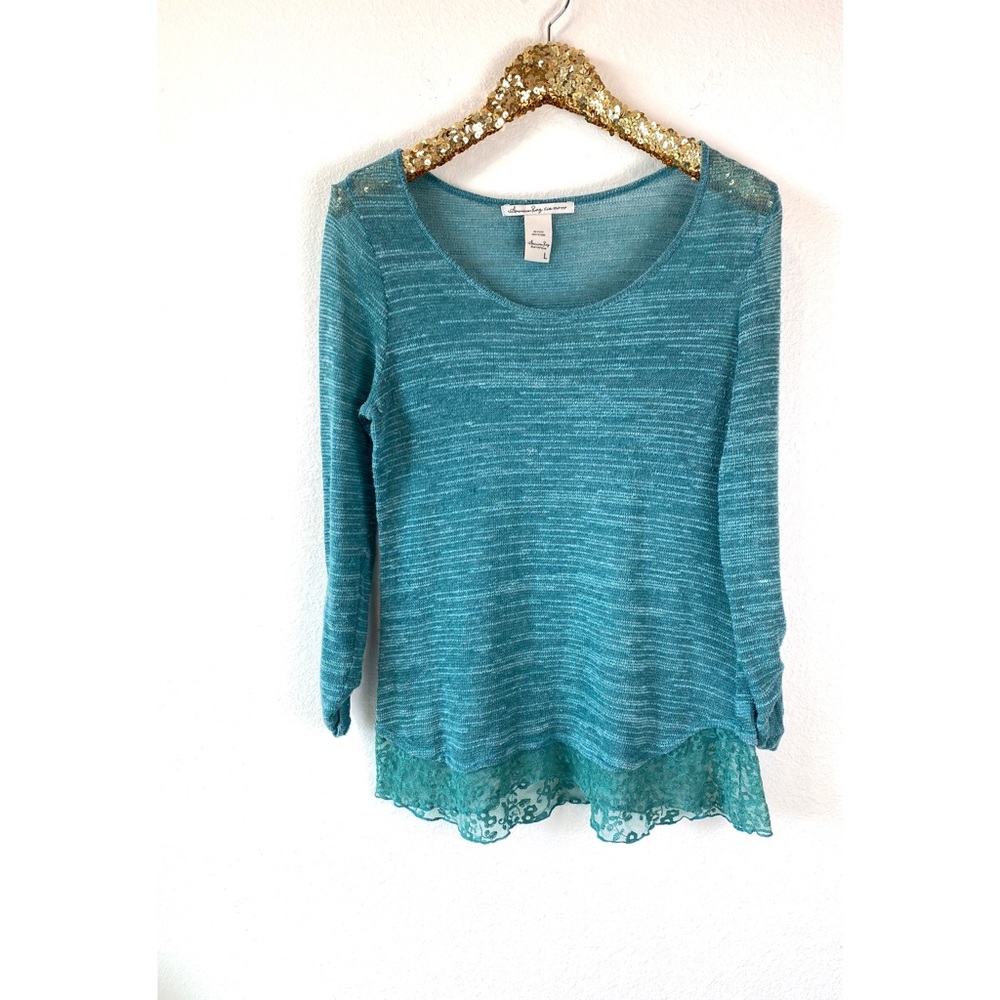 American Rag Green Sweater With Lace Hem